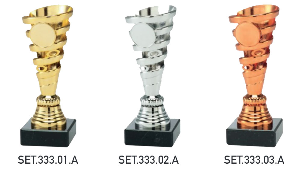 Pokal/Statyett Moss - 155 mm - Guld/Silver/Brons - Inklusive jetong och skylt med text