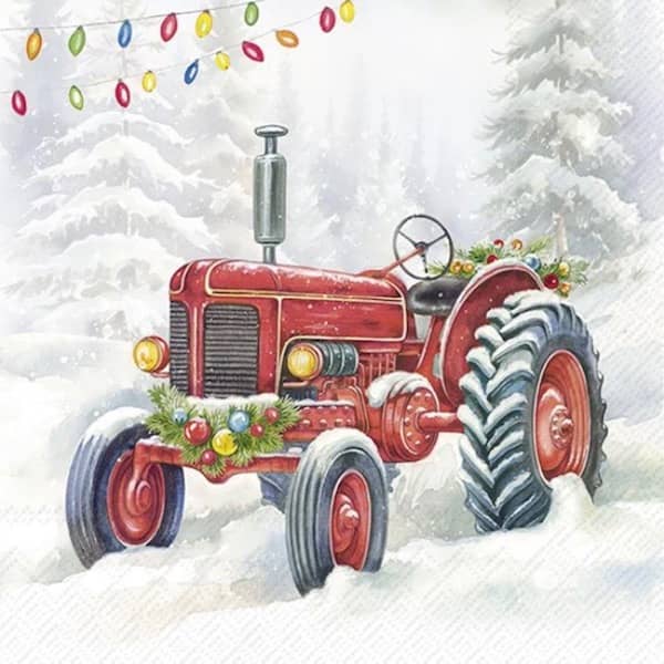 Julservetter med röd veteran traktor i snö