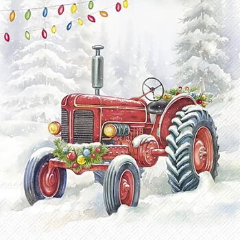Julservetter med röd veteran traktor i snö