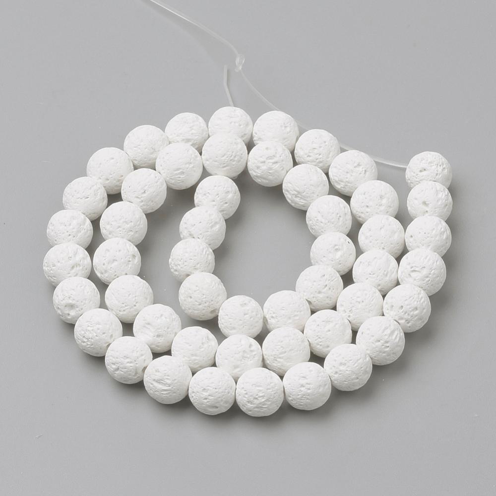 Vit lavasten 8 mm rund hel sträng, runda färgade syntetiska lavapärlor med porös yta och hål ca 1 mm,