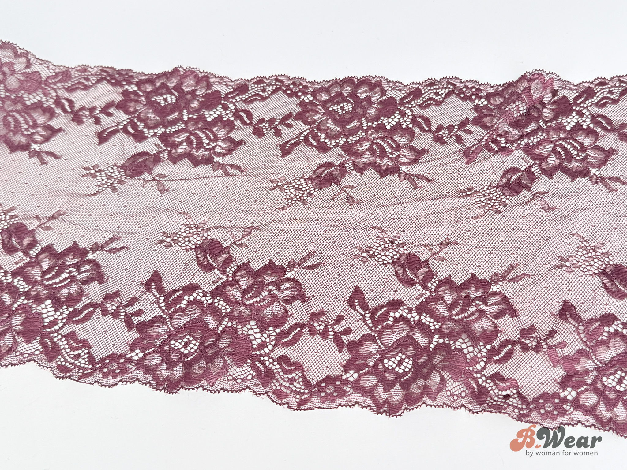 Stretch lace 22 cm - Delicate dark purple with flowers - 3