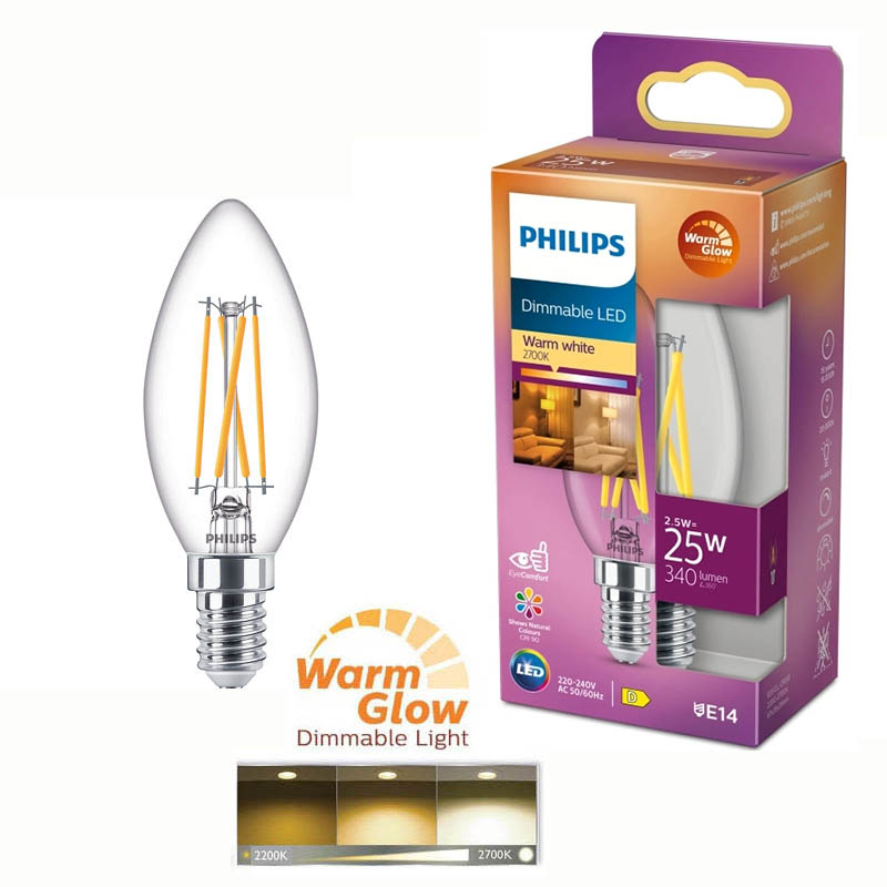 Philips Ledlampa kron 2,5W (25W) E14 dim warm glow