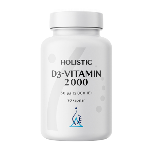 En vit plastburk som det står D3 vitamin 2000 ie på.