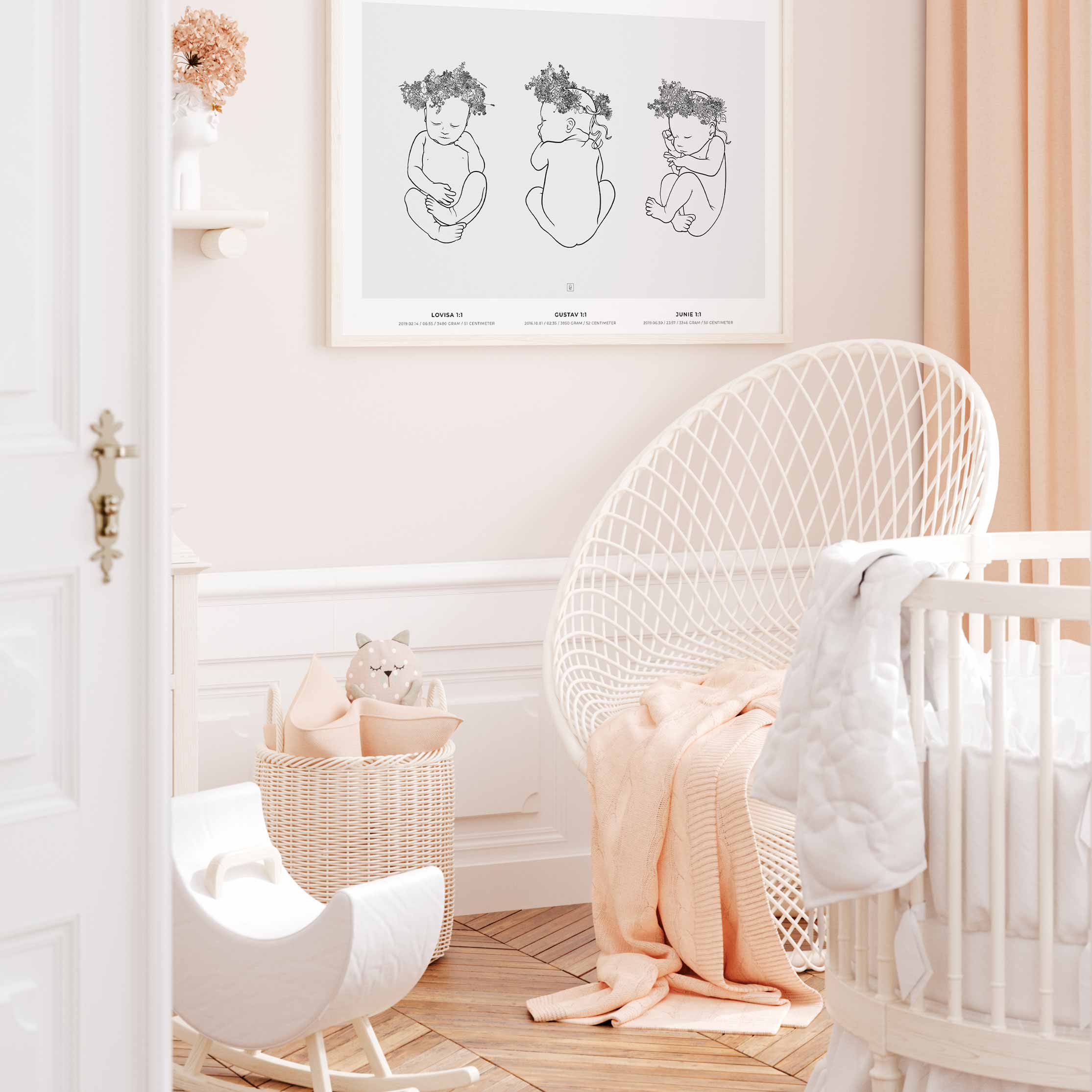 Trio siblings birth poster from Newbie Print