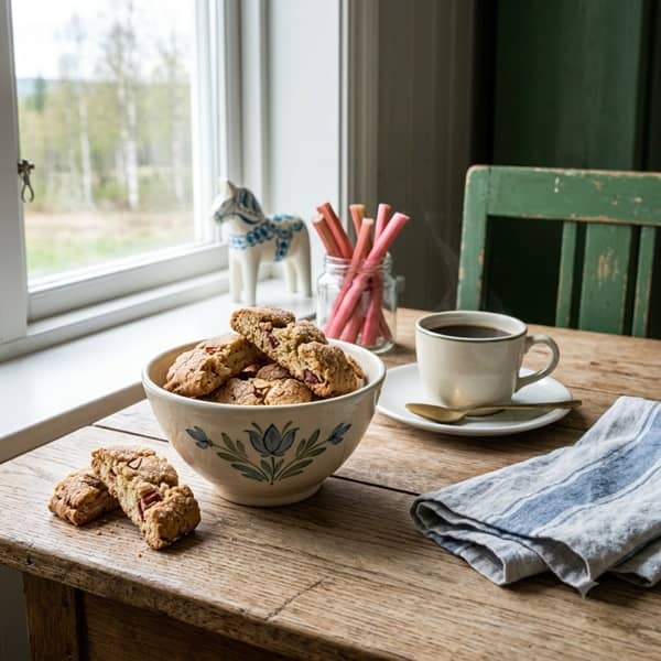 Klassiska norrländska finskorpor med smak av rabarber och mandel upplagda i en skål bredvid en rykande kopp kaffe.
