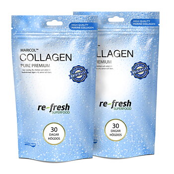 två blå stående påsliknande förpackning som det står maricol collagen pure på.