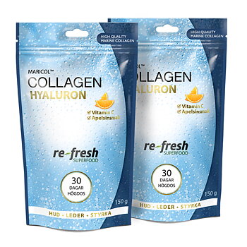 två stående förpackningar, blå till färgen och med texten maricol collagen pure 