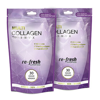 två lila stående påsliknande förpackningar som det står multi collagen på.