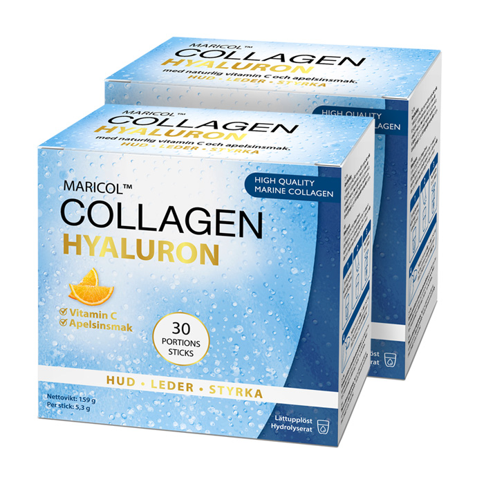 två pappersboxar i olika blå färger som det står maricol collagen hyaluron på.