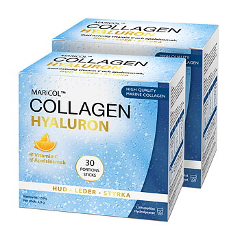 två pappersboxar i olika blå färger som det står maricol collagen hyaluron på.