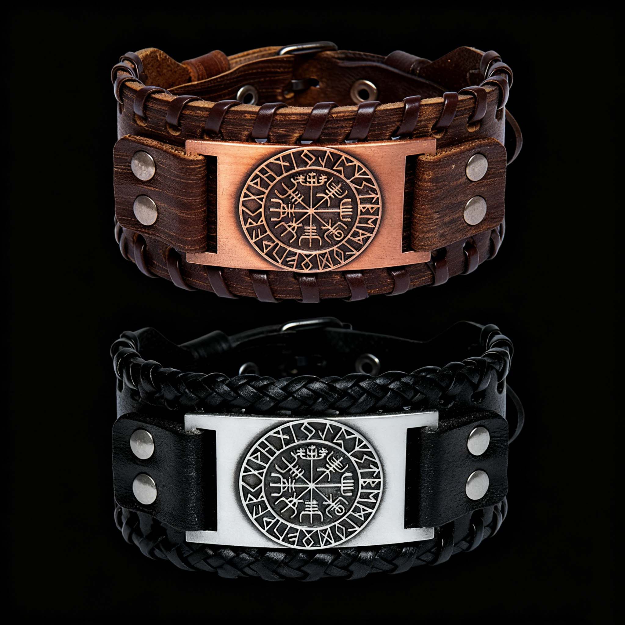 Vegvisir kompass armband svart och brunt flätat läderarmband med personlig gravyr