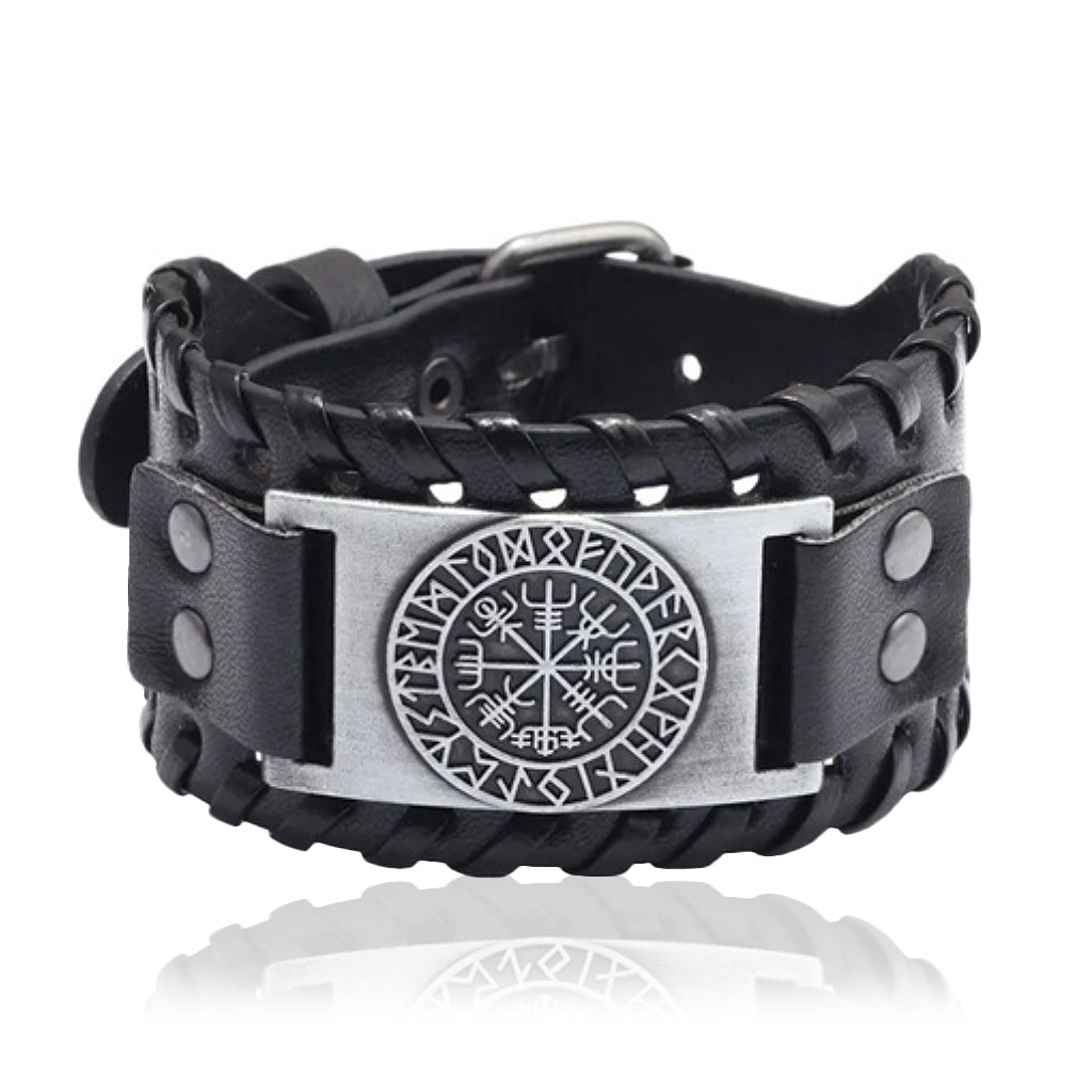 Vikingarmband Vegvisir med platta i antik silver