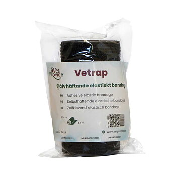 Schwarze Vetrap elastische Bandage 10cm x 4,5m in Verpackung von VetProvide.
