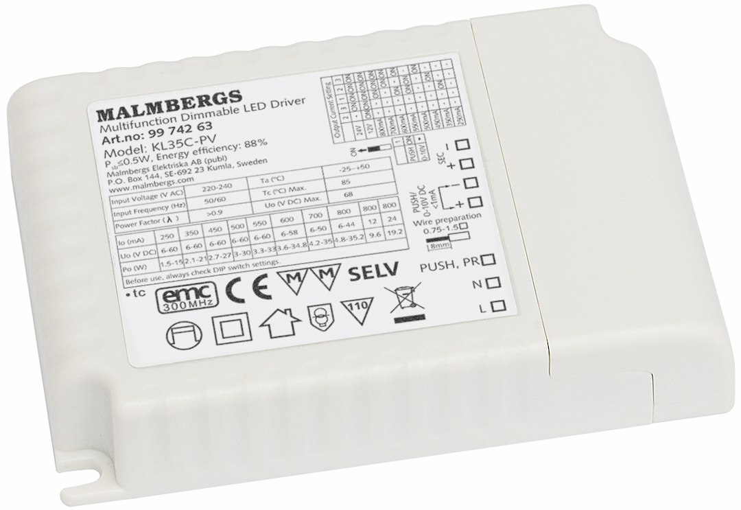 MALMBERGS MD Multidriver 35W 250-800mA, 12VDC, 24VDC Push/1-10V dim