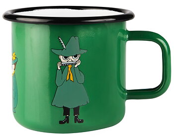 En grön Mumin emaljmugg med Snusmumriken motiv