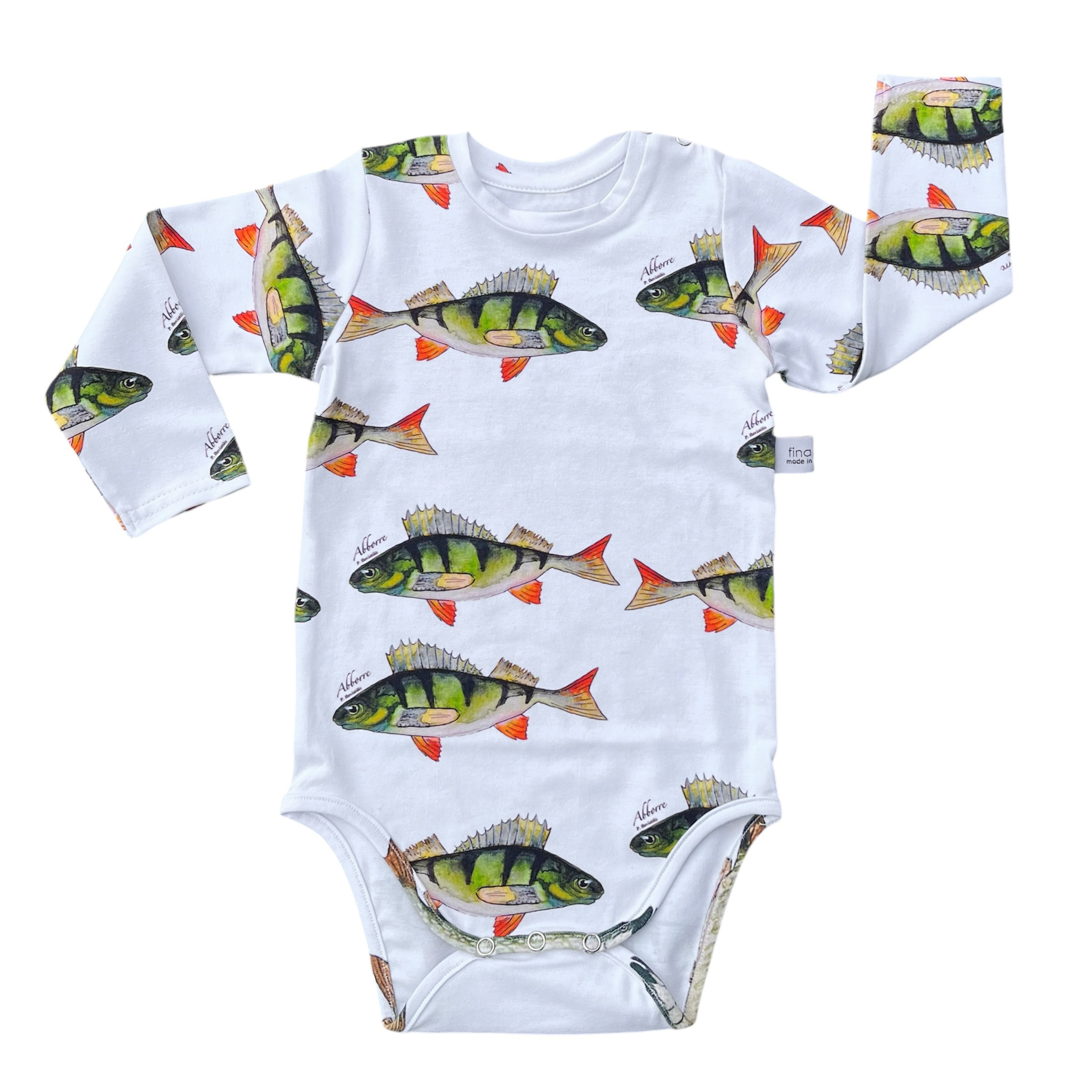 Mjuk babybody med grönt abborre-print, kollektion På kroken