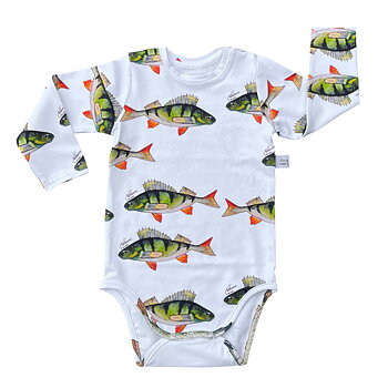 Mjuk babybody med grönt abborre-print, kollektion På kroken