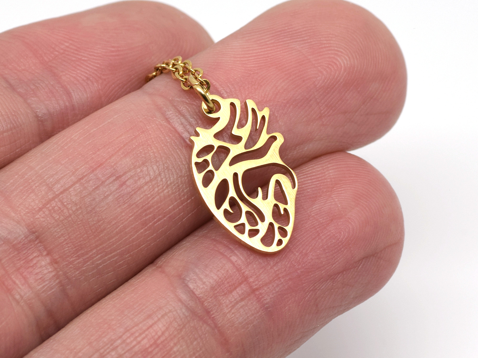 Guld Anatomiskt Hjärta Halsband i Rostfritt Stål, Kärlek Hänge, Anatomi Smycke - 3