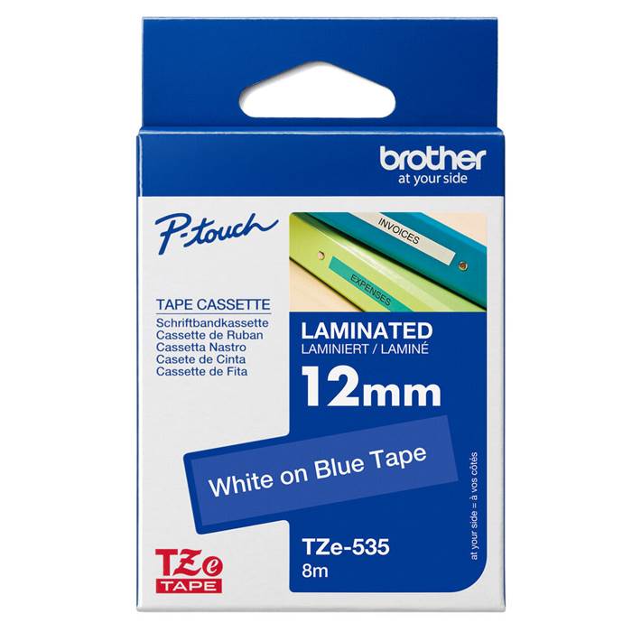 Märkband TZe535 12mm vit/blå - 2