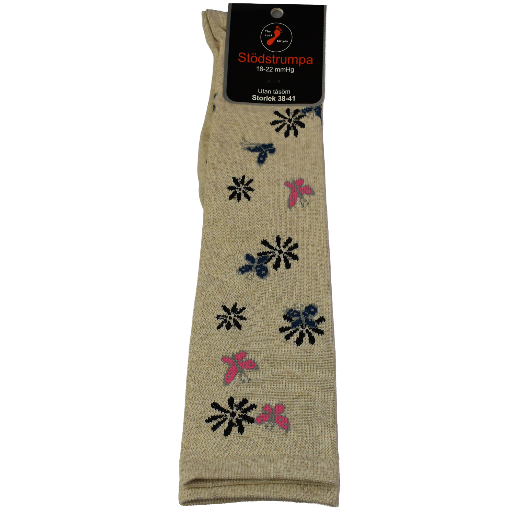 Stödstrumpa fjäril och blomma, beige - Bomull