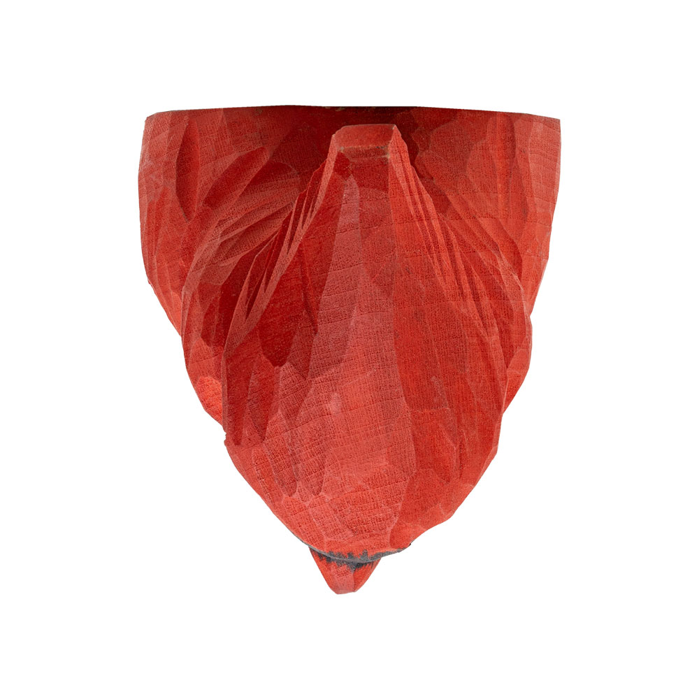 Hook Northern Cardinal shown from above, featuring a carved head shape with pronounced facets and a red painted surface against a white background.