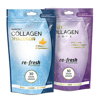 två stående påsliknande förpackningar, en som det står collagen pure på och en som det står multi collagen på.