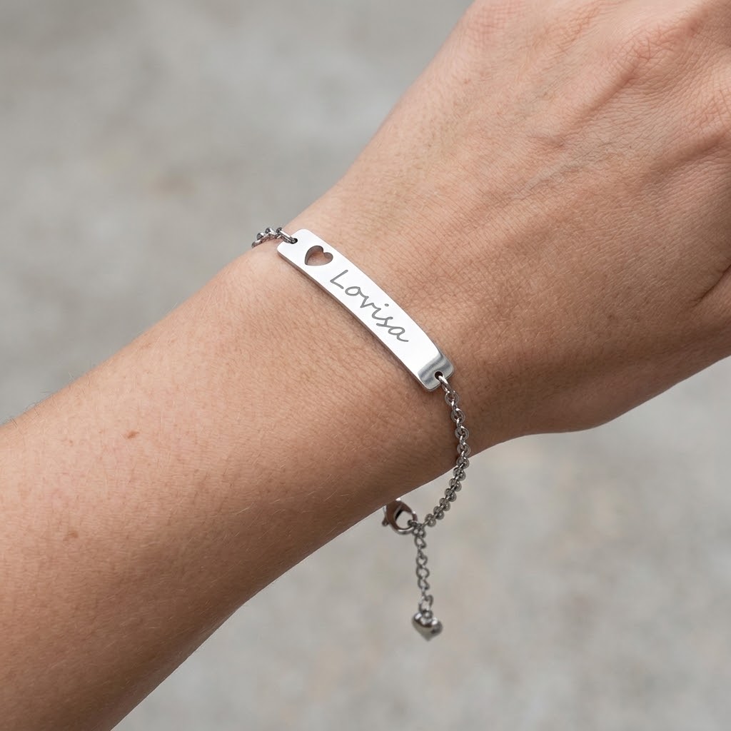 Personligt figaro armband med gravyr & hjärta - Rostfritt stål - 2