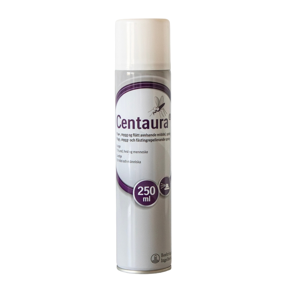 Centaura insectenwerende spray 250 ml spuitbus, goedgekeurd voor gebruik op paarden en mensen, beschermt tegen vliegen, muggen en teken, alleen verkocht binnen Scandinavië.