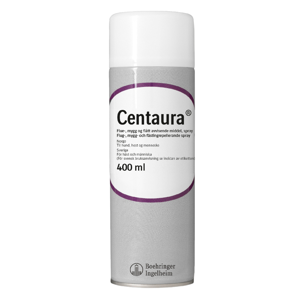 Centaura insectenwerende spray 400 ml spuitbus, goedgekeurd voor gebruik op paarden en mensen, beschermt tegen vliegen, muggen en teken, alleen verkocht binnen Scandinavië.