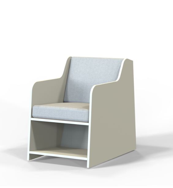 Smart Lounge Low – lav loungestol med myk stoppet sete og rygg, praktisk hylle under og et stilrent uttrykk i plywood med laminat, designet for behagelige pauser i bibliotek, skoler og offentlige miljøer.