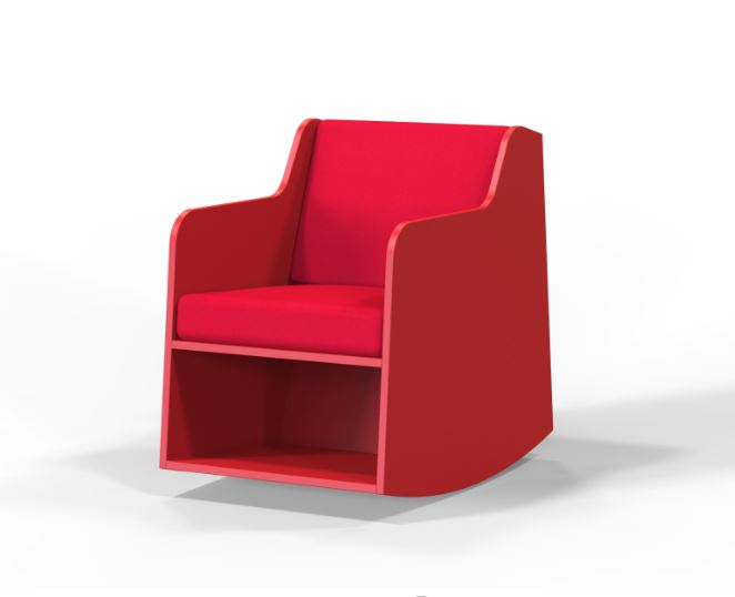 Smart Lounge Low – lav loungestol med myk stoppet sete og rygg, praktisk hylle under og et stilrent uttrykk i plywood med laminat, designet for behagelige pauser i bibliotek, skoler og offentlige miljøer.