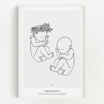 Junie & Julie Crown Mix 1:1 scale sibling birth poster with a floral wreath
