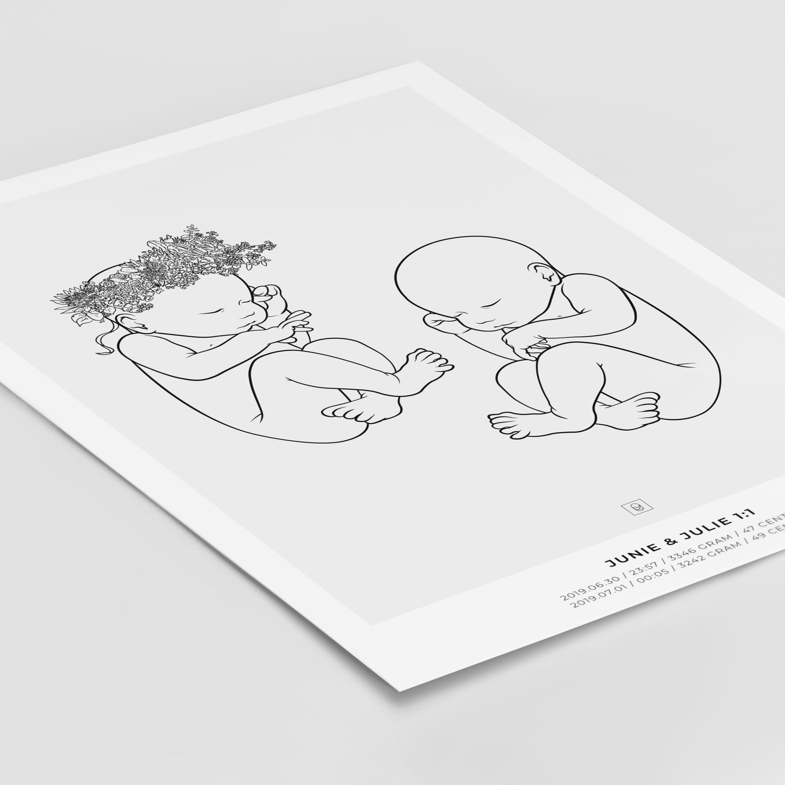Junie & Julie Crown Mix 1:1 scale sibling birth poster with a floral wreath