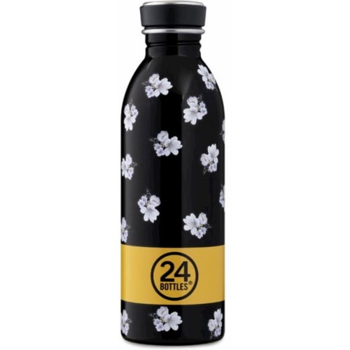 Svart vattenflaska med vita blommor och band med text 24bottles