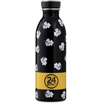 Sort vandflaske med hvide blomster og bånd med tekst 24bottles