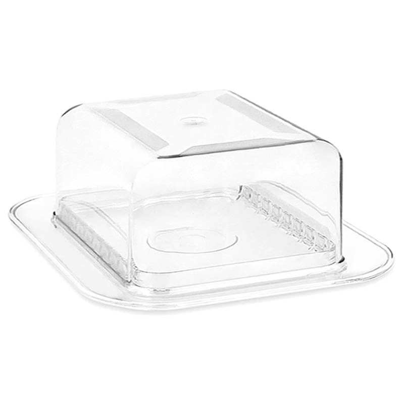 Snygg och praktisk Smörask  modell Anna rymmer 1/2 kg smör! Tillverkad i livsmedelsgodkänd glasklar plast. Graderad bricka. Snygg att ställa på bordet
