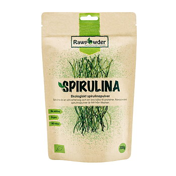 En stående brun påse med texten spirulina på