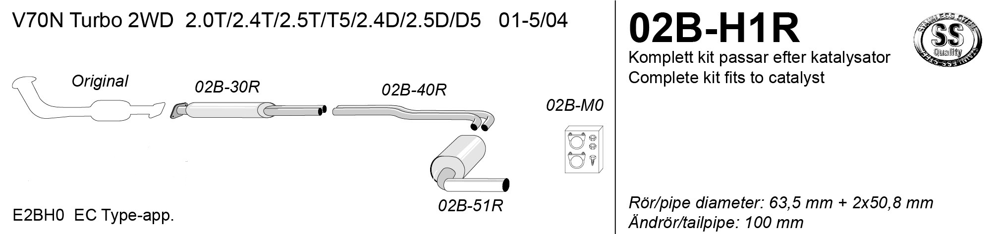 SPORTAVGASSYSTEM  VOLVO V70 II  TURBO 2001-2004,   2,5"/ 2x2", Ändrör 1x100mm - 2