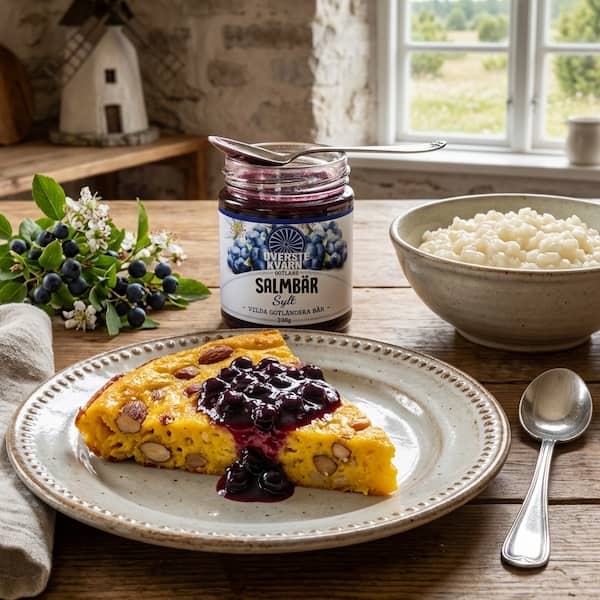 Klassisk gotländsk saffranspannkaka serverad med salmbärssylt och vispad grädde bredvid en burk salmbärssylt från Överste Kvarn