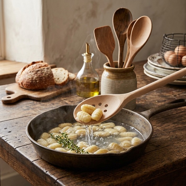 En skopa nykokta gnocchi, perfekt avrunna i sin hålslev, lyfts ur pannan med ångande örtsmör. I bakgrunden av den rustika köksmiljön anas hembakat surdegsbröd och färska kryddor.