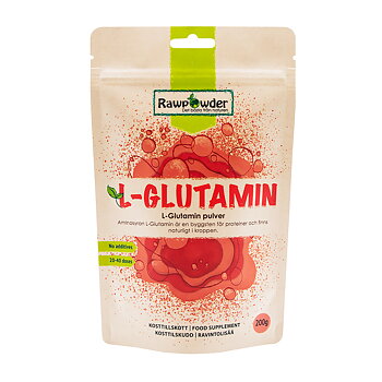 En stående brun påse med en röd framsida och texten L-glutamin i rött