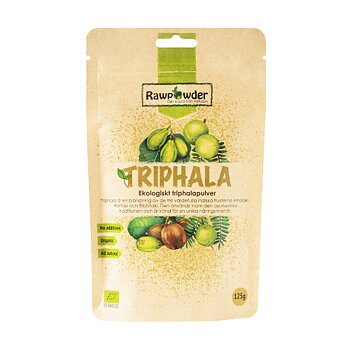 Ekologiskt pulver av triphala från Rawpowder om 125 gram i pappersförpackning