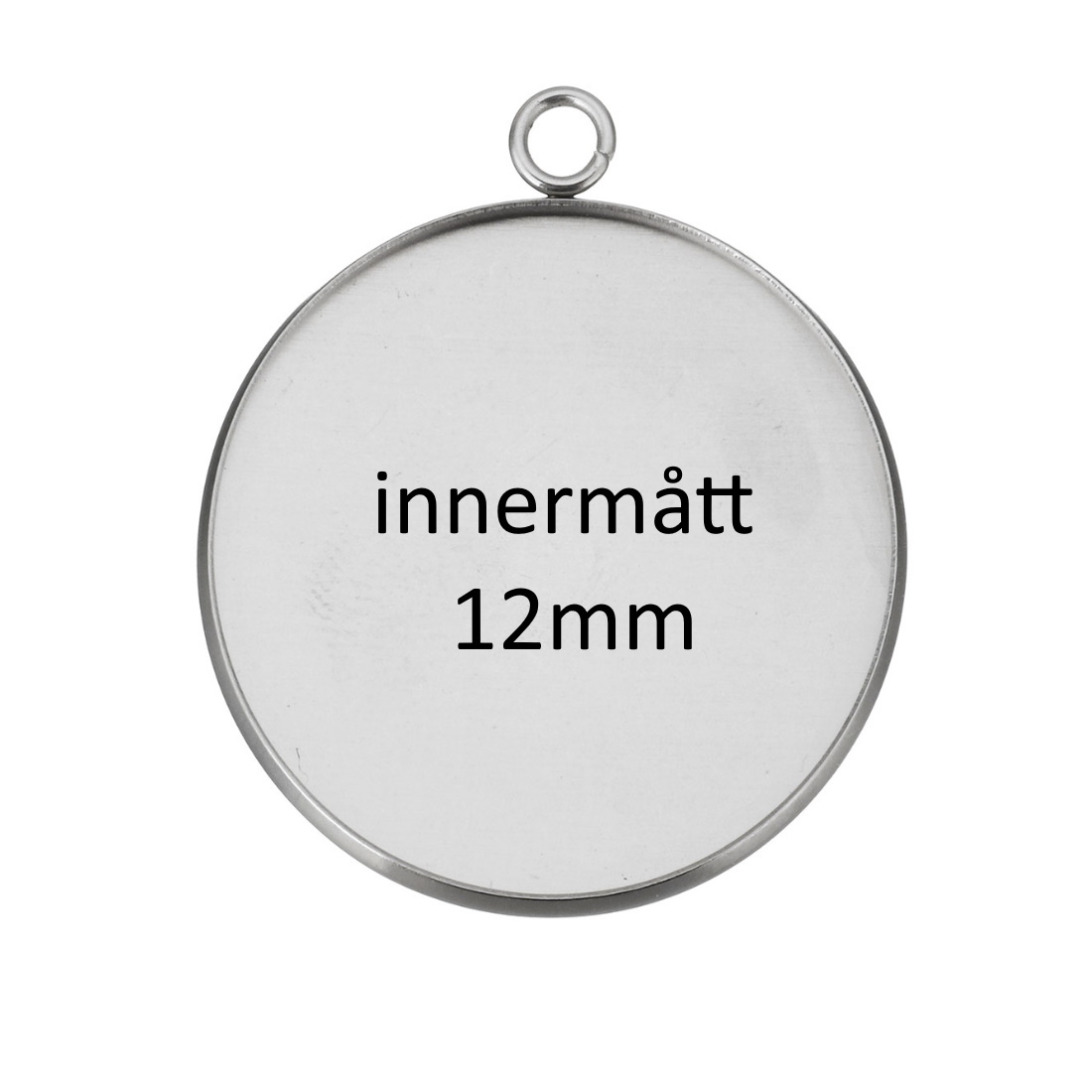 Rund cabochonfäste i rostfritt stål, 17,5x14x2 mm med 12 mm innermått och hål ca 2,5 mm, 10 st per förpackning.