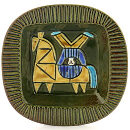 Lisa Larson (Harlekin 1960) Green Bowl with Man on Horse Motif 20 cm