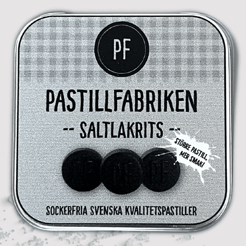 Saltlakrits, pastiller, plåtask och refill