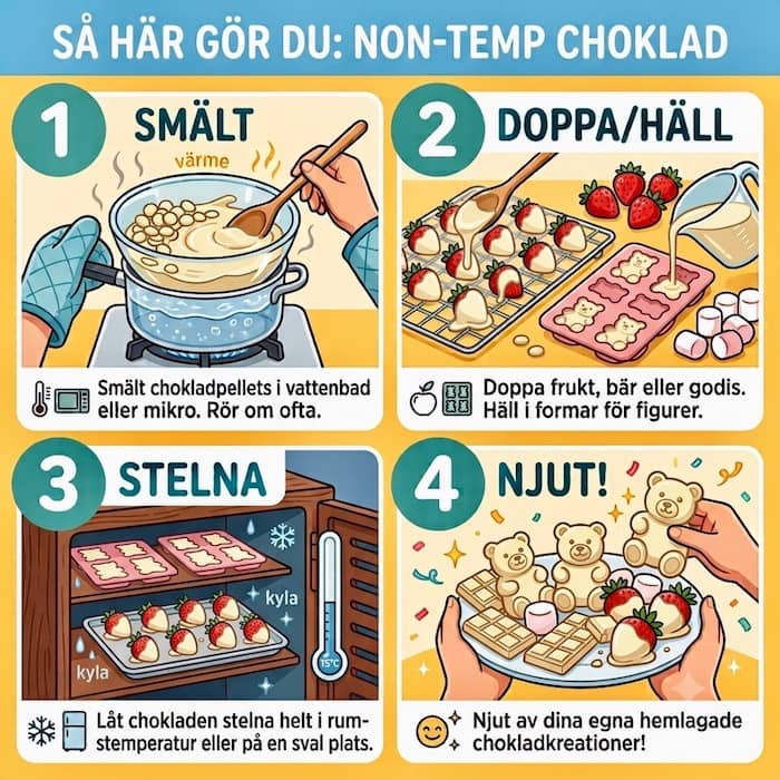 Se hur man använder non-temp chokladpellets: 1. Smält, 2. Doppa/Häll, 3. Stelna, och 4. Njut!