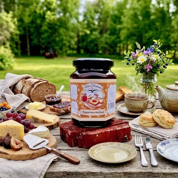 Sexkantig glasburk med Jägarmarmelad från AlterHedens Rabarberi placerad utomhus med scones, ost och kex i bakgrunden.