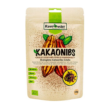 En ljusbrun stående påse med texten Kakaonibs på.