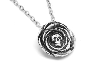 Döskalle Ros Halsband, Memento Mori Smycke i Tenn