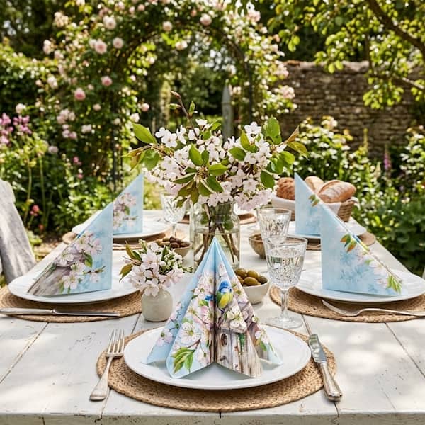 Dukning med fågelservett med blåmes vid fågelholk och körsbärsblommor.